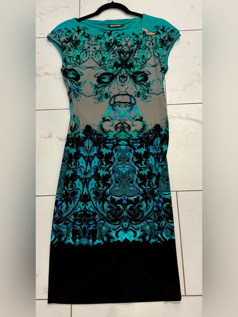 Roberto Cavalli Teal and Black Midi Dress with Baroque Print 44